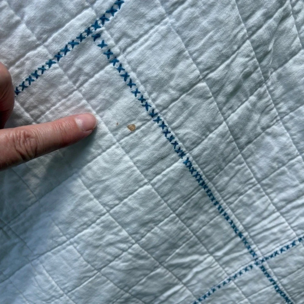 Vtg Hand Embroidered/Cross Stitch Reversible Quilt Floral Scalloped Edge Cottage